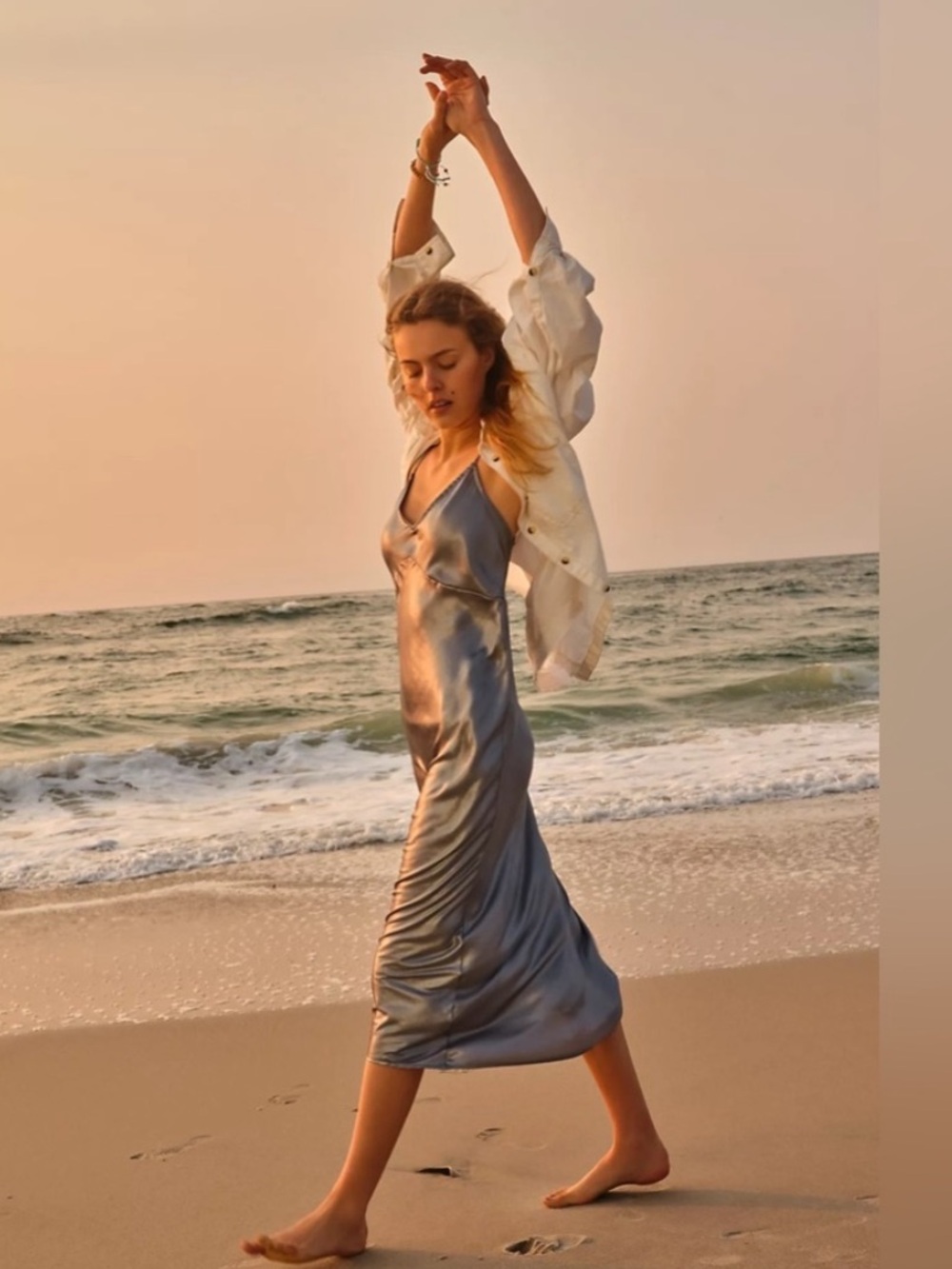 Free People Drop Everything Bias Slip Dress in Silver Metallic